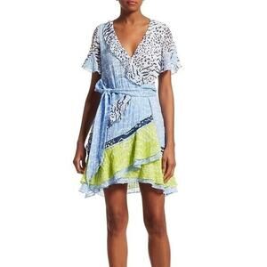 Tanya Taylor Silk Mini Dress Asymmetrical Short Sleeve Sz 0 bianka belted print